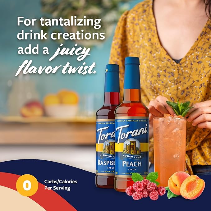 Torani Sugar Free Raspberry Syrup and Sugar Free Peach Syrup Variety 2-Pack, Flavored Syrups for Drinks, Pumps Included, 25.4 Fl Oz Ea