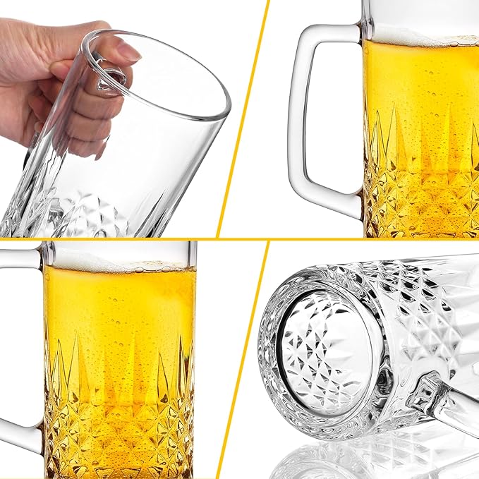 20oz Beer Mug, 4 Pack Glass Beer Mugs for Freezer, Clear Large Beer Steins with Handle, Gifts for Men