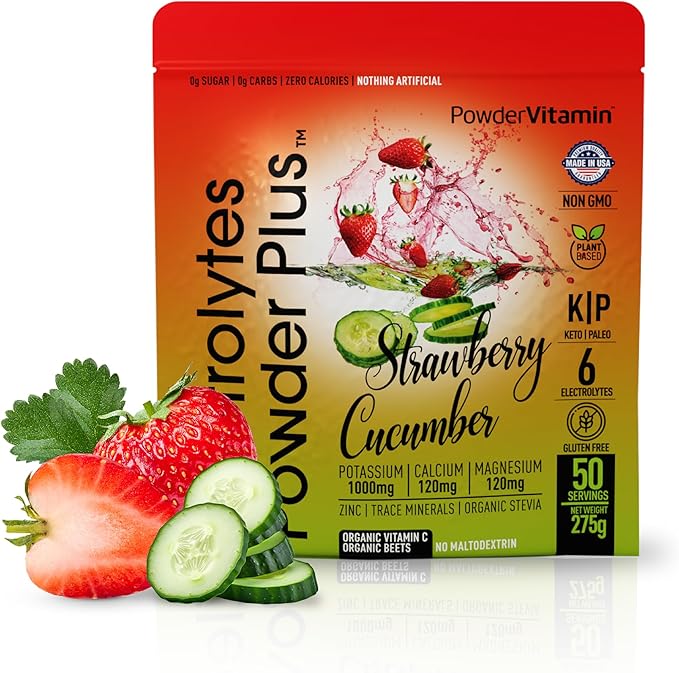 Electrolytes Powder Plus (50 Servings), 0 Calorie Keto, 0 Sugar, No Maltodextrin,1000mg Potassium,120mg Calcium,120mg Magnesium, Hydration Powder (50 Servings, Strawberry Cucumber)
