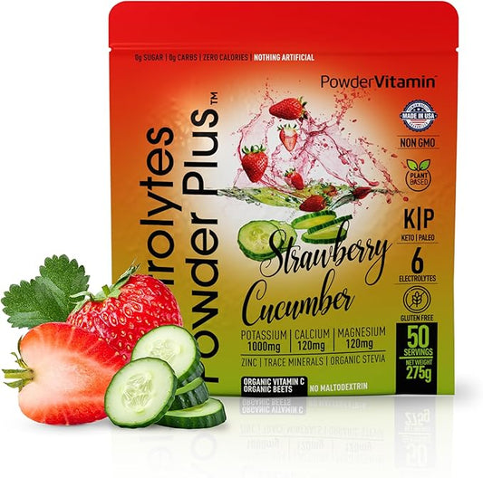 Electrolytes Powder Plus (50 Servings), 0 Calorie Keto, 0 Sugar, No Maltodextrin,1000mg Potassium,120mg Calcium,120mg Magnesium, Hydration Powder (50 Servings, Strawberry Cucumber)