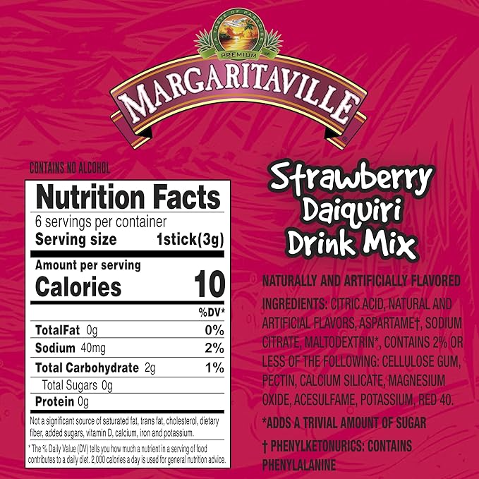 Margaritaville Singles To Go Water Drink Mix - Strawberry Daiquiri Flavored, Non-Alcoholic Powder Sticks (12 Boxes with 6 Packets Each - 72 Total Servings), 0.65 Ounce (Pack of 12)