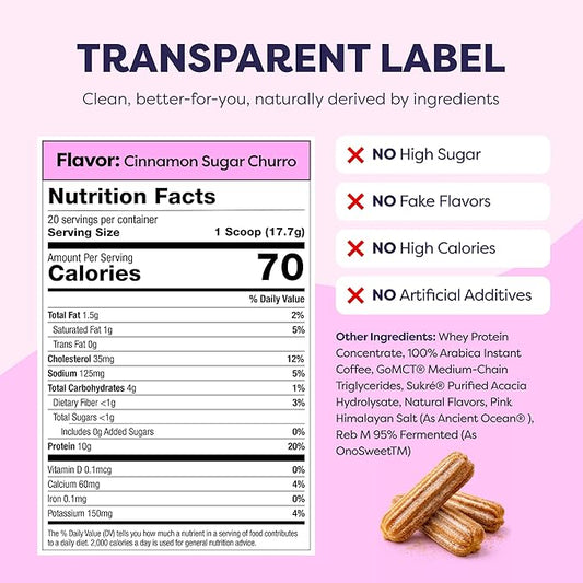 Cinnamon Sugar Churro Protein Iced Coffee - Premium Whey Protein & Instant Iced Coffees - 100% Natural Cold Brew - Zero Artificial Flavors & Sweeteners, 80 mg Caffeine, No Added Sugar, 20 Servings