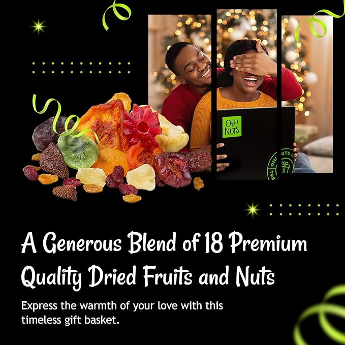 Oh! Nuts Dried Fruit and Nut Gift Basket - XL 18 Variety Gourmet Assorted Fruits and Nuts Gift Baskets - Holiday Gift Box - Food Snack Box for Birthday, Corporate - Gift for Men, Women