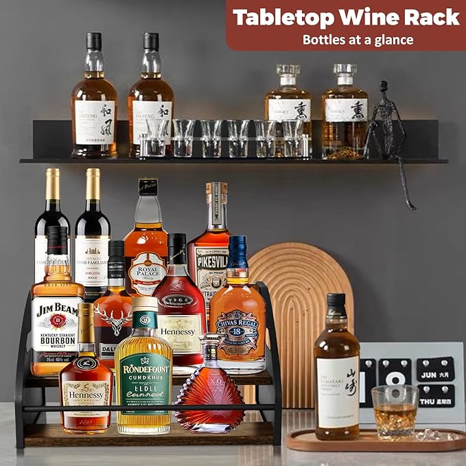 STAEVER Premium Metal Design - Strong Liquor Bottle Display Shelf, 3 Steps Extra Large Rustic Mini Bar, Countertop Coffee Syrup Organizer with Handles, Ideal Gift for Dad & Liquor Enthusiasts