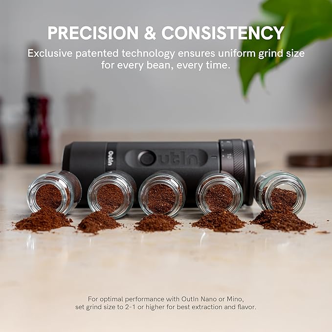 OutIn Nano Portable Electric Espresso Machine with Fino Portable Electric Coffee Grinder, Brown & Red