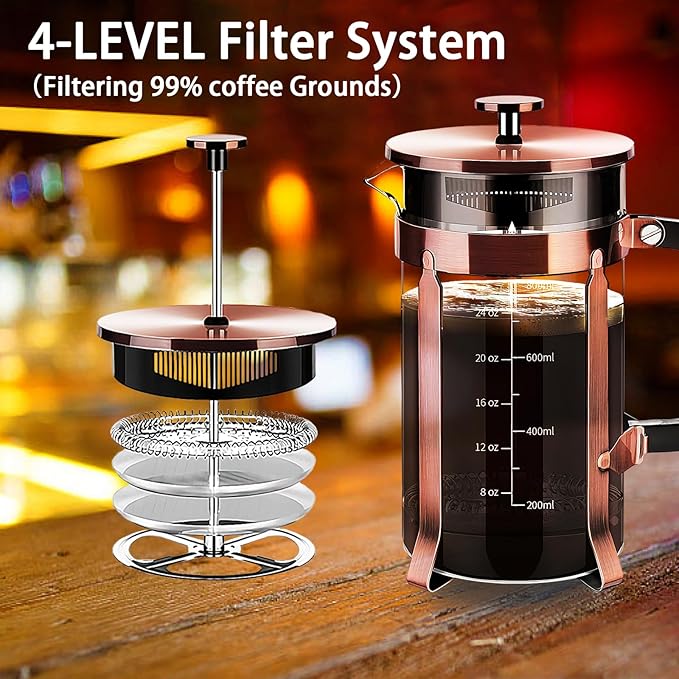 YMMIND French Press Coffee Maker 304 Stainless Steel Coffee Press,with 4 Filters System, Heat Resistant Thickness Borosilicate French Press Glass, BPA-Free Brewed Tea Pot Coffee Plunger(Copper 12oz)