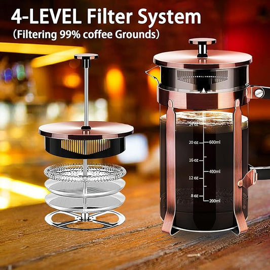 YMMIND French Press Coffee Maker 304 Stainless Steel Coffee Press,with 4 Filters System, Heat Resistant Thickness Borosilicate French Press Glass, BPA-Free Brewed Tea Pot Coffee Plunger(Copper 12oz)