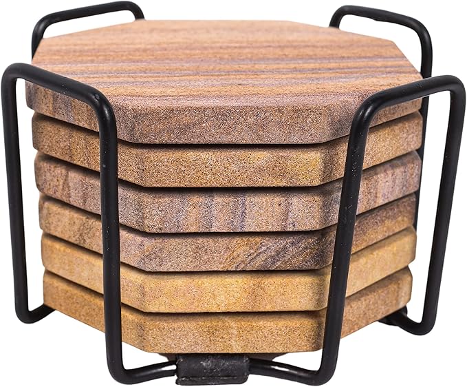 Sandstone Water Absorbent Hand Crafted Octagon Coasters with Holder for Drinks 4 Inches Wide Thirsty Stone Bar/Drink Coasters Made from Real Solid Stone (with Holder, Set of 6)