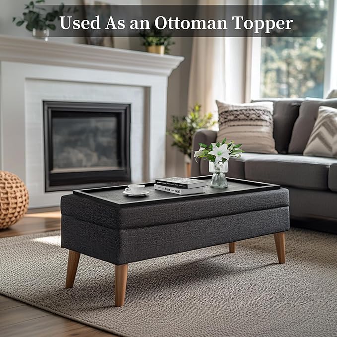 Hanobe Large Ottoman Serving Tray: Farmhouse Wood Decorative Coffee Table Trays for Home Decor Living Room for Black Long Kitchen Counter Topper
