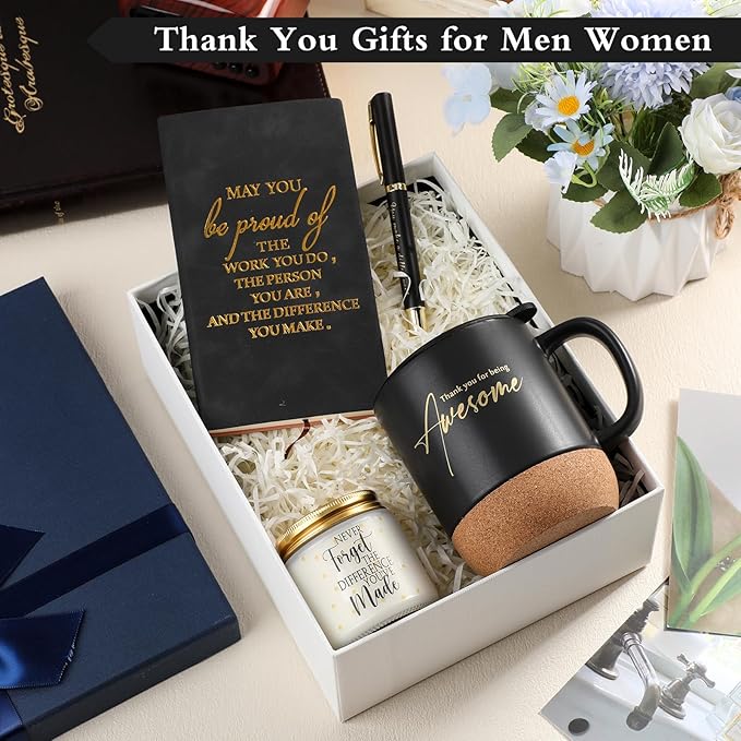4 Pcs Thank You Gift for Men Women Employee Coworker Inspirational Appreciation Notebook Coffee Mug Scented Candle Pen Gift for Valentine's Day Team Office Staff Teacher Volunteer(Black)