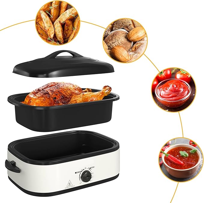 14 Quart Electric Roaster Oven, Turkey Roaster Oven with Self-Basting Lid, Stainless Steel Roaster Pan, White