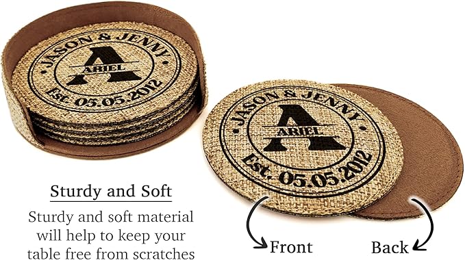 Smile Art Design Family Monogram Custom Coaster Set of 6 with Base Round Burlap Material Family Name Personalized Prints Personalized Gifts Housewarming Wedding Gift Rustic Home Decor Style2