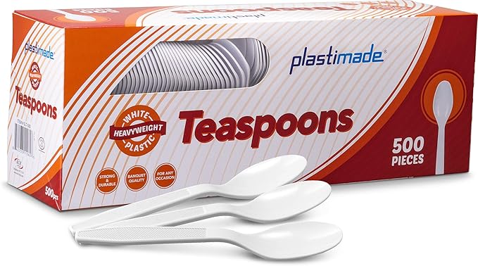 500 Count Extra Heavy duty Plastic Spoons, Disposable White TeaSpoon, Heavyweight Bulk Cutlery for Dinner, Events, Catering, Parties & Takeout