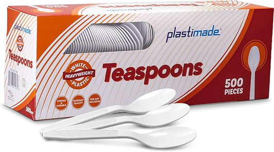 500 Count Extra Heavy duty Plastic Spoons, Disposable White TeaSpoon, Heavyweight Bulk Cutlery for Dinner, Events, Catering, Parties & Takeout