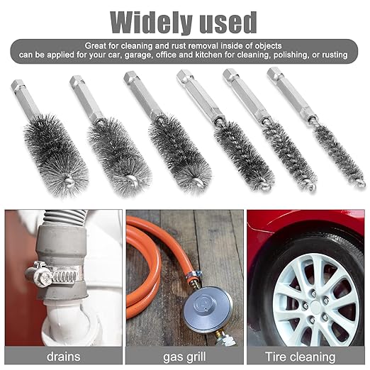 Patelai 6 Pcs Stainless Steel Wire Bore Brush Different Size Twisted Cleaning Brush with Handle 1/4 Inch Hex Shank for Power Drill Impact Driver (9/ 11/ 13/ 16/ 18/ 19 mm)