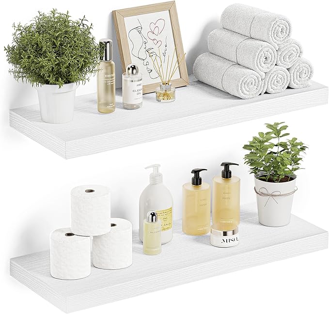 Vivelove Floating Shelves for Wall 24 inchs Long, 9.1” deep Wall Shelf for Bedroom, Bathroom, Living Room, Kitchen, Office Home Decor, Deep Wood Shelves with Invisible Brackets, Set of 2 White