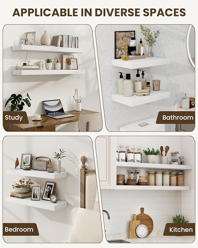 Marsmiles 32" Floating Shelves for Wall, Wooden Shelves with Invisible Brackets Set of 2, Rustic Farmhouse Wall Mounted Shelf for Kitchen Bathroom Living Room Study, White