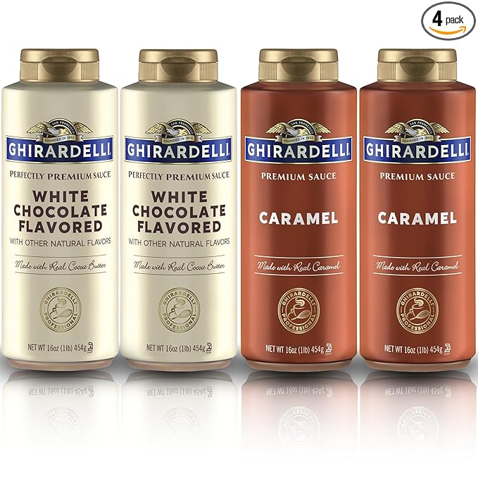 Ghirardelli Flavored Sauce Variety Pack | 16 oz Bottles (Pack of 4) | Caramel and White Chocolate Dessert Toppings for Coffee Drinks, Ice Cream, and Baking Recipes