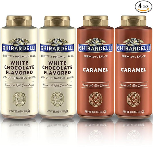 Ghirardelli Flavored Sauce Variety Pack | 16 oz Bottles (Pack of 4) | Caramel and White Chocolate Dessert Toppings for Coffee Drinks, Ice Cream, and Baking Recipes