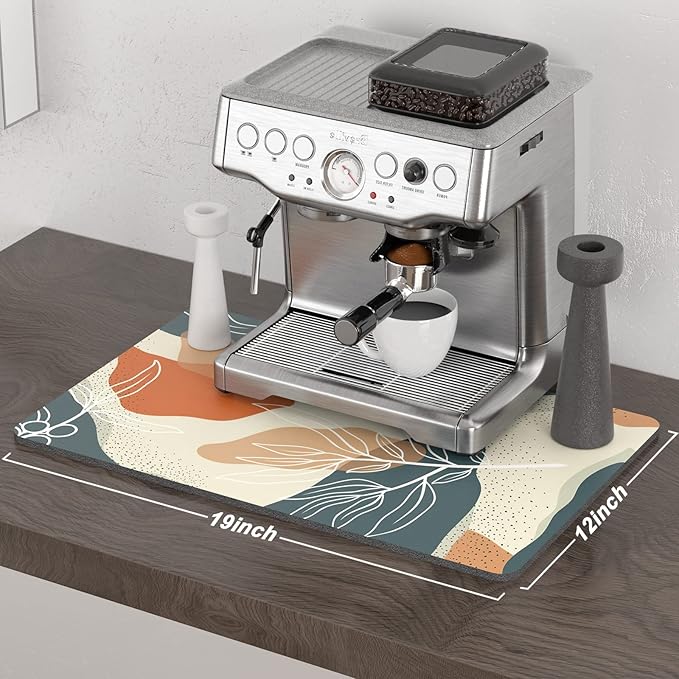 Rnivvi Coffee Mat, 12" x 19" Cute Boho Theme Coffee Bar Mats for Espresso Machine Station Accessories and Organizer, Hide Stain Rubber Backed Absorbent Dish Drying Pad for Kitchen Counter, Leaves
