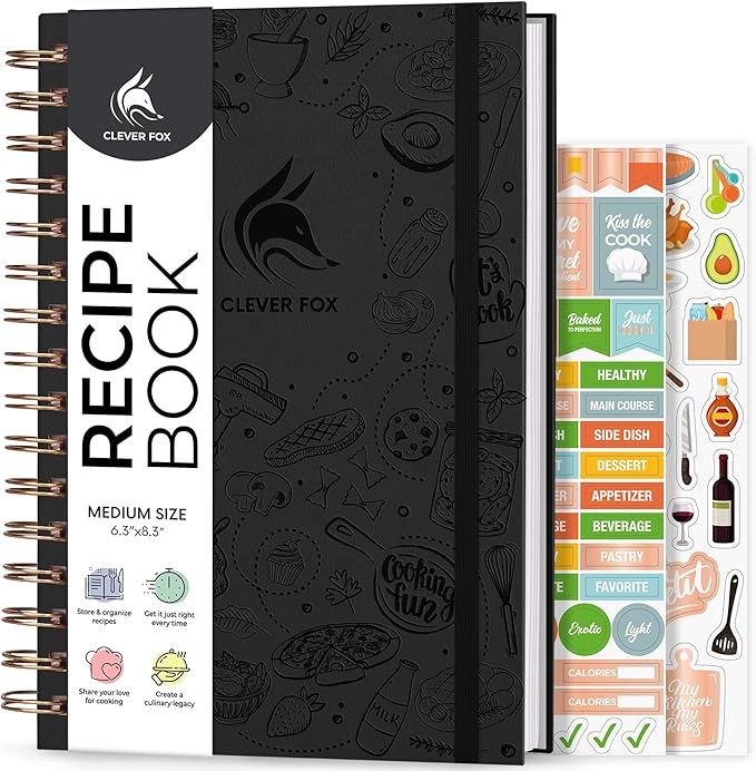 Clever Fox Recipe Book Spiral – Make Your Own Family Cookbook – Blank Recipe Notebook Organizer – Empty Cooking Journal to Write In Recipes – Medium Size, 6.3”x8.3”, Hardcover (Black)