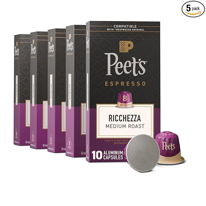 Peet's Coffee, Medium Roast Espresso Capsules, Compatible with Nespresso Original Machine, 100% Arabica Coffee - Ricchezza Intensity 8, 50 Count (5 Boxes of 10 Espresso Capsules)