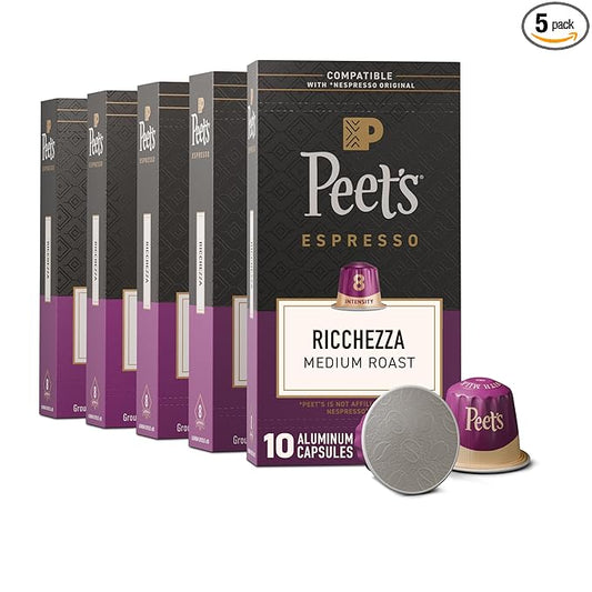 Peet's Coffee, Medium Roast Espresso Capsules, Compatible with Nespresso Original Machine, 100% Arabica Coffee - Ricchezza Intensity 8, 50 Count (5 Boxes of 10 Espresso Capsules)