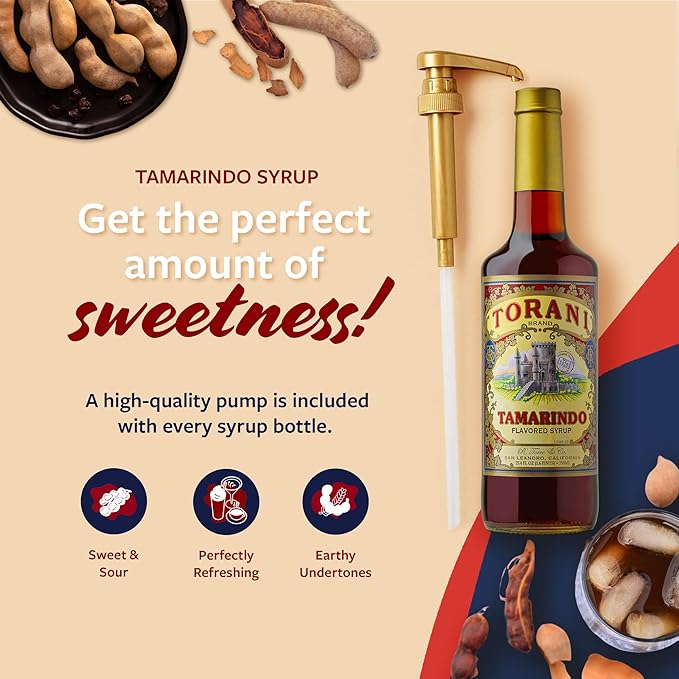 Torani Tamarindo Syrup, 100th Anniversary Flavor for Drinks, Glass Bottle with Pump Included, 25.4 Fl Oz