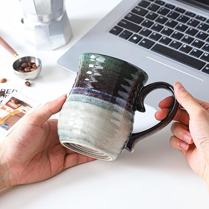 21 oz Large Ceramic Coffee Mugs, Handmade Cup with Large Handle, Big Tea and Coffee Cups for Office and Home, Microwave and Dishwasher Safe (Ink Green)