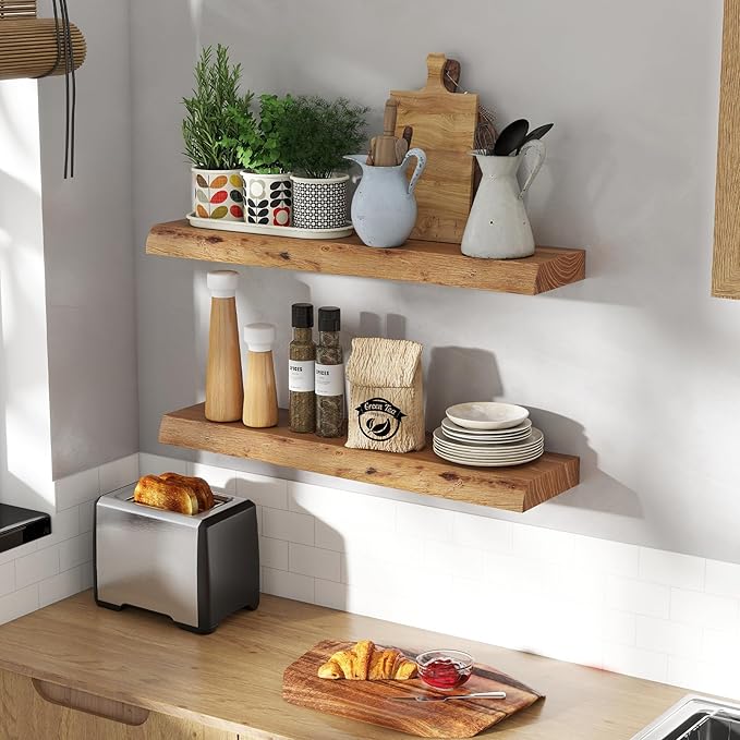 30 Inch Floating Shelves for Wall, Solid Elm Wood Live Edge Floating Shelves for Bedroom Living Room Bathroom, Wall Mounted Wooden Shelf with Invisible Bracket for Books Decor Storage, Natural