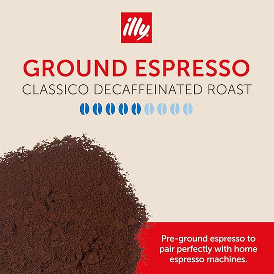 illy Decaf Ground Espresso Coffee, Classico Decaffeinated Medium Roast, 100% Arabica, Premium Italian Coffee, Pre-Ground for Espresso Machines, 8.8oz, 12 Pack