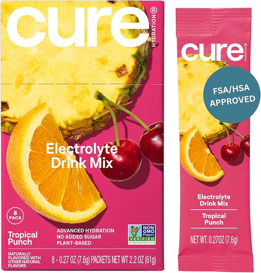 Cure Hydration Plant-Based Electrolyte Drink Mix | No Added Sugar | Dehydration Relief | Coconut Water Powder | FSA-HSA Eligible | Non-GMO, Vegan | 8 Packets – Tropical Punch