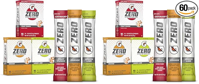 Gatorade G Zero Sports Drink Mix Powder Packets,3 Flavor Classic Variety Pack,Electrolyte Powder Drink Mix for Hydration,Zero Sugar,Total Packets,(Pack of 60)