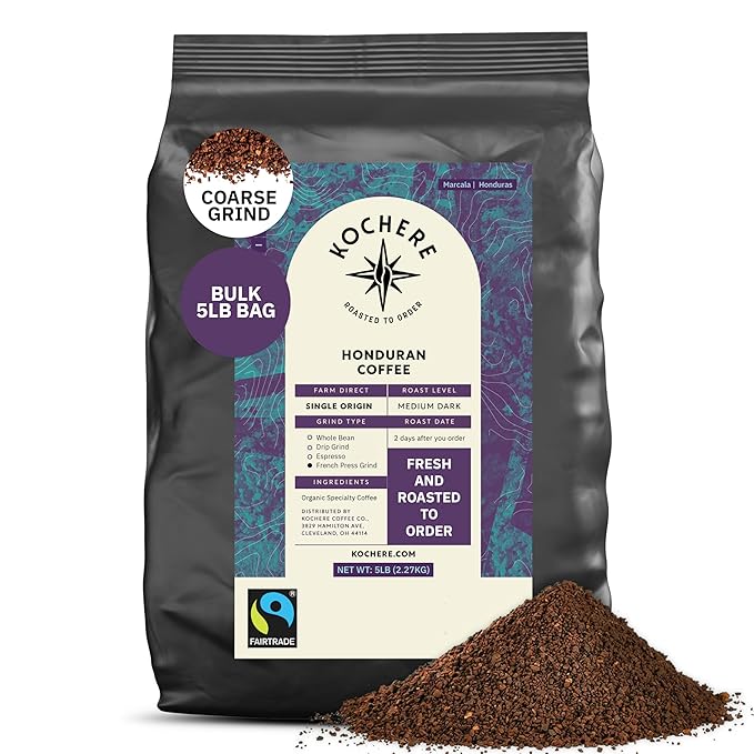Honduran Coffee, French Press Grind, Medium Dark Roast, 5LB – Single Origin Arabica Beans from Marcala, Fair Trade, Fresh Roasted to Order by Kochere