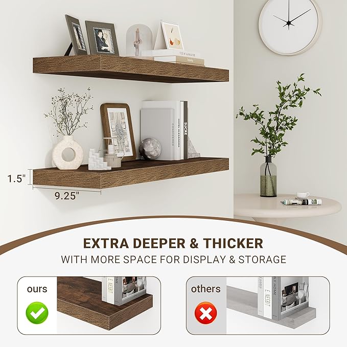 40 Inch Floating Shelves, 3D Textured Wood Grain, 40"x9.25"x1.5" Inch Deep Floating Shelves for Wall, Wooden Shelves for Bathroom, Bedroom, Living Room, Brown, 1 Piece
