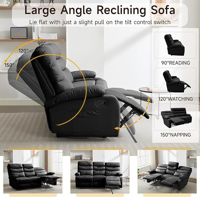3 Seater Recliner Sofa Set, Anti-Scratch Reclining Loveseat Sofa & Couch for Living Room, RV, Home Theater Apartment(Black, 3 Seater Sofa)