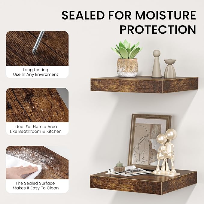 Square Floating Shelves for Wall, 7.5" W x 7.5" D x 1.4" H, Small Wooden Wall Mounted Display Shelf with Invisible Brackets for Living Room, Bathroom, Kitchen Decor, Set of 4, Rustic Brown