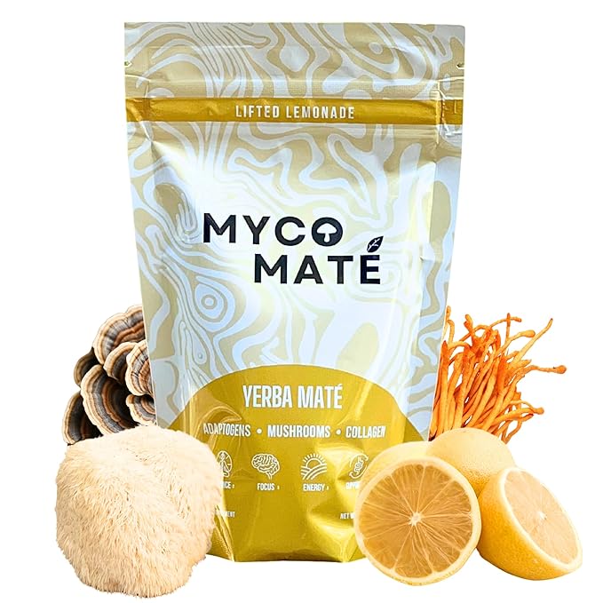 MycoMate Lifted Lemonade Instant Yerba Mate Powder with 4 Functional Mushrooms, Collagen & Adaptogens Clean Energy Drink Mix for Focus, Gut Health & Immunity No Sugar 30 Servings