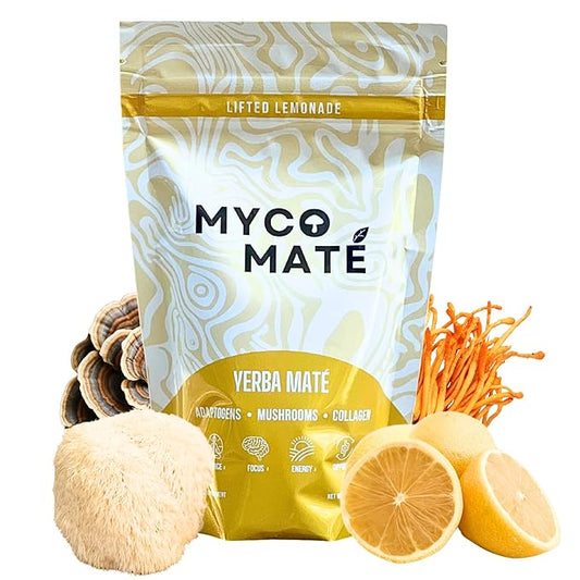 MycoMate Lifted Lemonade Instant Yerba Mate Powder with 4 Functional Mushrooms, Collagen & Adaptogens Clean Energy Drink Mix for Focus, Gut Health & Immunity No Sugar 30 Servings