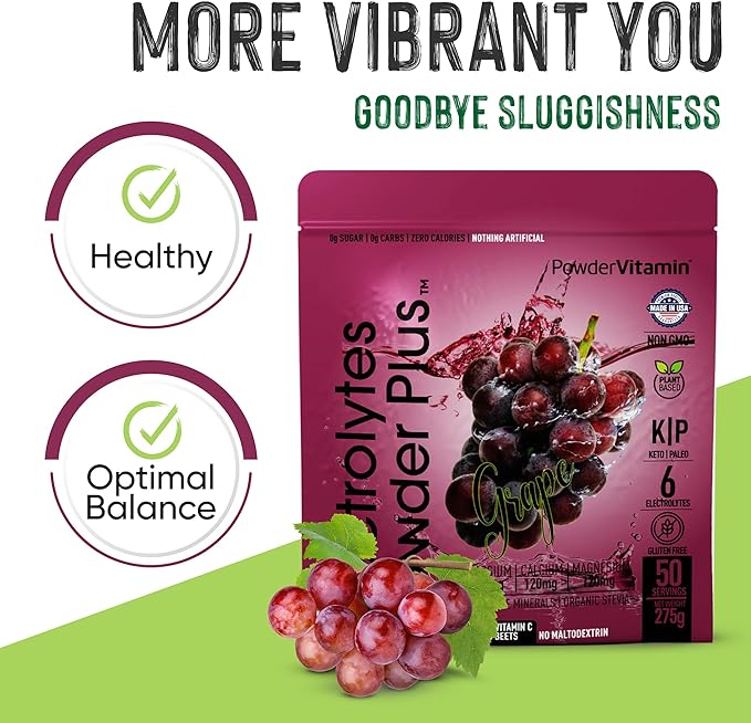 PowderVitamin Electrolytes Powder Plus (50 Servings) Grape Electrolyte Powder Zero Calorie Keto, 0 Sugar, No Maltodextrin,1000mg Potassium,120mg Calcium,120mg Magnesium, Hydration Powder