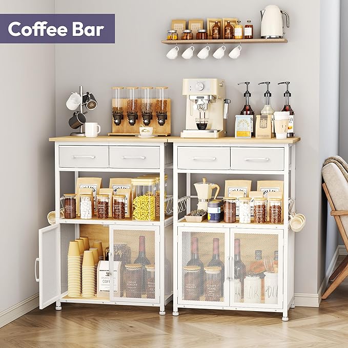SWTYMIKI Coffee Bar Cabinet with Drawer - 20.47" Coffee Stand Station with Removable Hooks, Buffet Cabinet for Coffee Maker or Microwave, Kitchen Bar Table Storage Organizer, Natural
