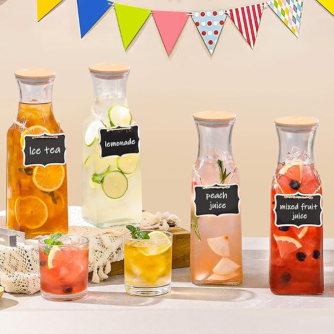 35 Oz Square Glass Carafe with Bamboo Lid, Beverage Dispensers,Mimosa Bar Supplies,Clear Glass Pitcher with Name Labels for Iced Tea,Coffee,Juice(Pack of 4)
