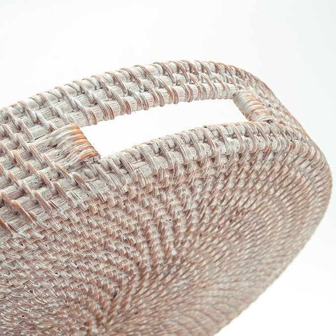 16.9" Round Rattan Tray, Hand Woven Serving Tray with Handles, Wicker Serving Basket, Decorative Tray for Home Decor, Whitewash