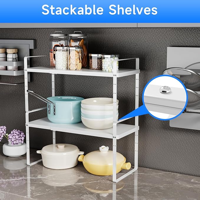 KIKIBRO Expandable Cabinet Shelf Organizer, Stackable Kitchen Pantry Counter Storage, Adjustable Closet Cupboard Stand Rack Risers Spice Organization, 80LBS Heavy Duty, White 3 Pack