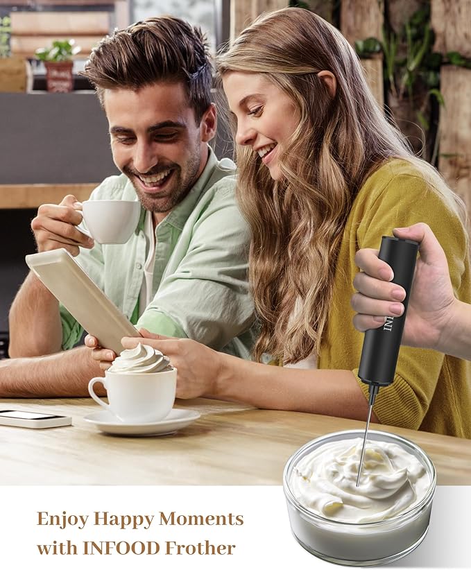 INFOOD Milk Frother Rechargeable with Cover - Coffee Frother Wand, Drink Mixer Handheld with 2 Detachable Stainless Whisks 2 Speed Adjustable for Latte, Cappuccino, Hot Chocolate, Egg, Black