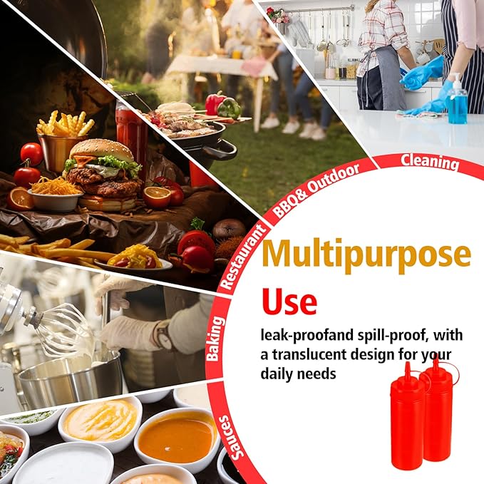 Squeeze Bottles for Sauces,Leak-Proof Condiment Dispenser, BPA-Free Kitchen Restaurant Squeeze Bottle Set with Wide Mouth for Ketchup, Mustard,Syrup,Dressings (Red, 2Pack-8oz(200ml))