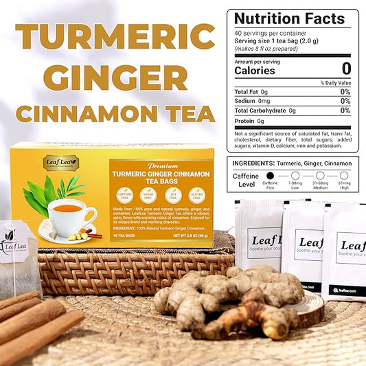 LeafLea 160 Ginger Turmeric Tea Bags, 100% Natural & Pure Herbal Tea Blend of Turmeric Ginger Tea with Cinnamon, Turmeric Tea Supports Digestion & Immunity, Caffeine-Free, No Sugar, Non-GMO