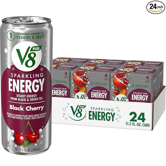 V8 +ENERGY Black Cherry Energy Drink, Made with Real Vegetable and Fruit Juices, 11.5 FL OZ Can 4 Count (Pack of 6)