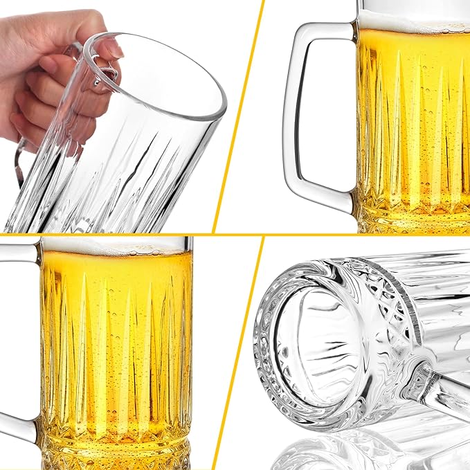 20oz Beer Mug, 4 Pack Glass Beer Mugs for Freezer, Clear Large Beer Steins with Handle, Gifts for Men