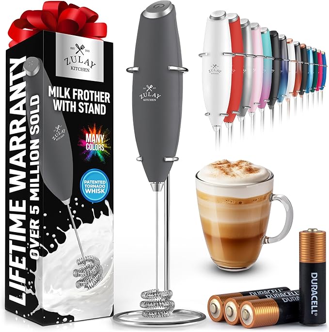 Zulay Kitchen Patented Tornado Triple Whisk Milk Frother with 4 Duracell Batteries – Handheld Foam Maker for Coffee, Lattes, Matcha & Hot Chocolate – Rich, Creamy Froth in Seconds